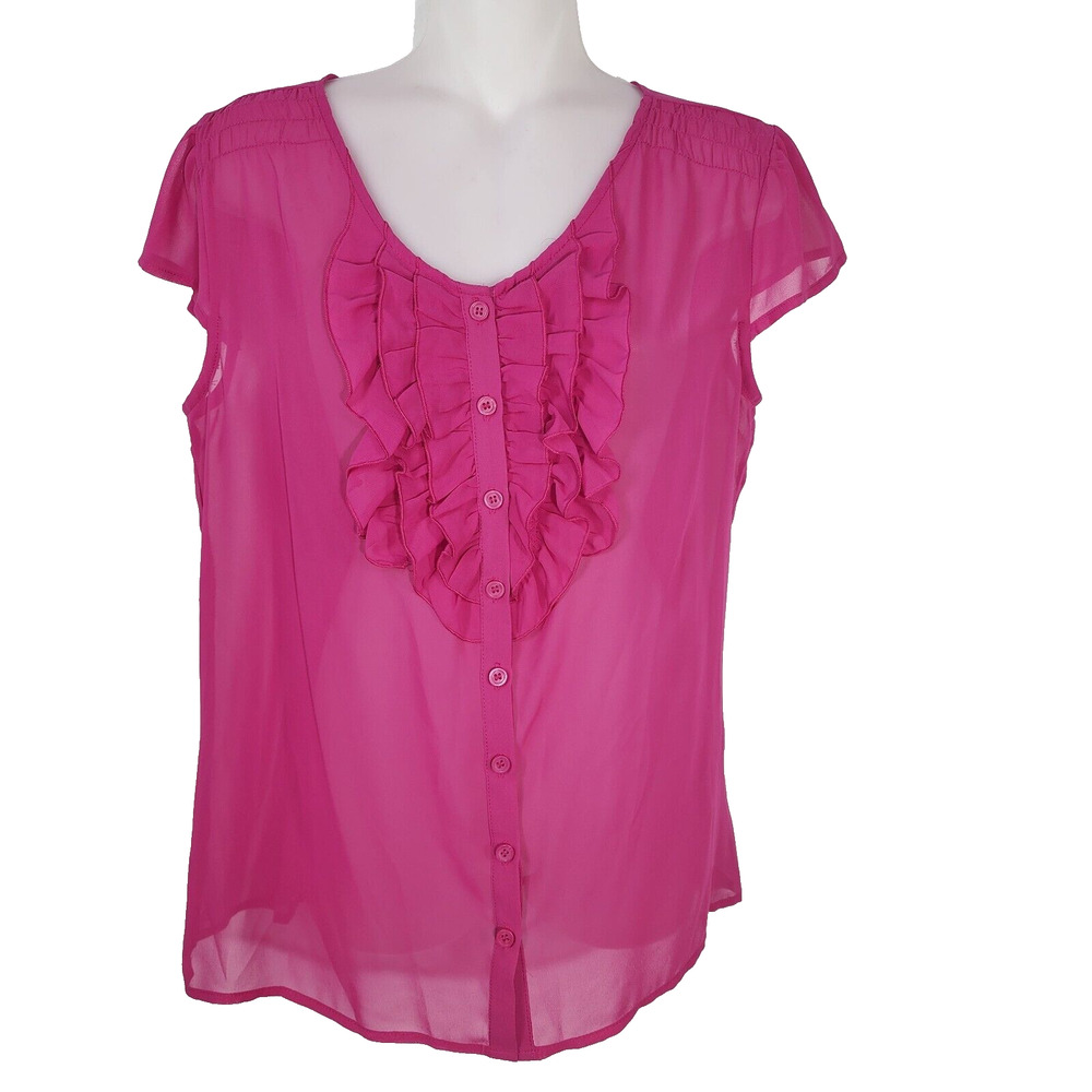 Worthington Women Top Blouse Medium Sheer Button Up Short Cap Sleeve Pink Ruffle
